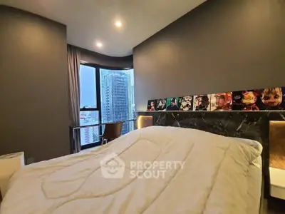 Modern bedroom with city view and stylish decor in high-rise apartment
