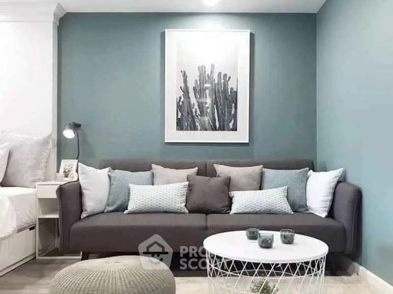 Modern living room with stylish sofa and chic decor