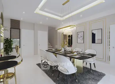 Luxurious dining room with elegant decor and modern lighting in a stylish home interior.
