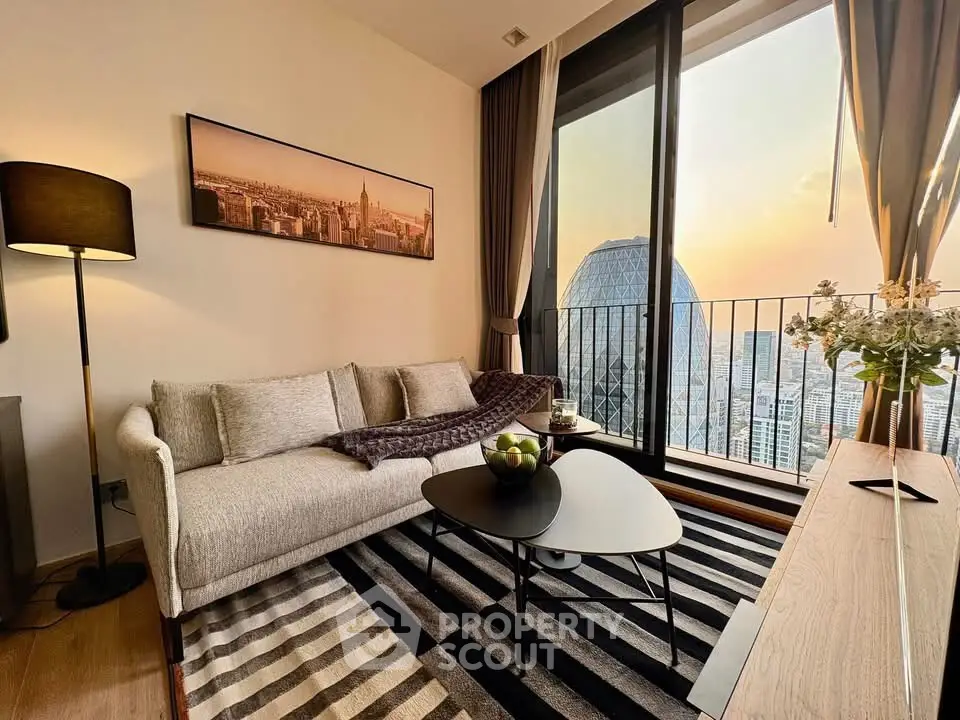 Modern living room with stunning city view and stylish decor