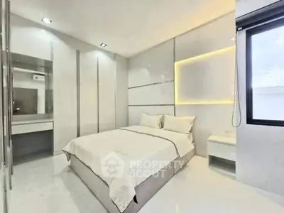 Modern minimalist bedroom with sleek design and ambient lighting