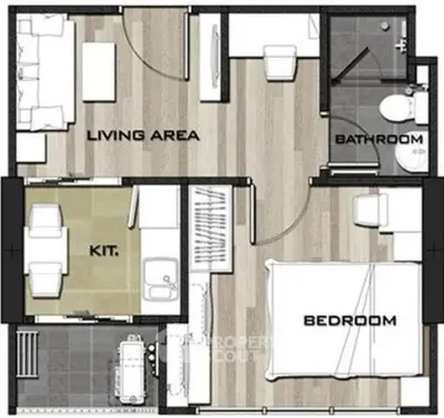 Modern apartment floor plan with living area, kitchen, bedroom, and bathroom layout.