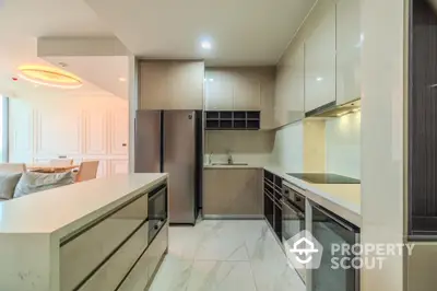 Modern kitchen with sleek cabinetry and stainless steel appliances in luxury apartment