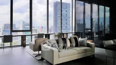 Luxurious modern living room with panoramic city view and stylish furniture