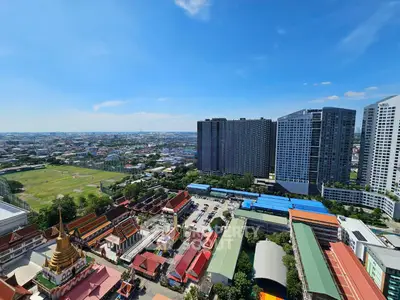 Stunning cityscape view from high-rise building with clear blue sky and urban landscape.