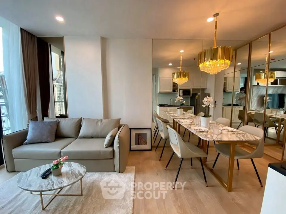 Luxurious modern living room with elegant dining area and chic decor