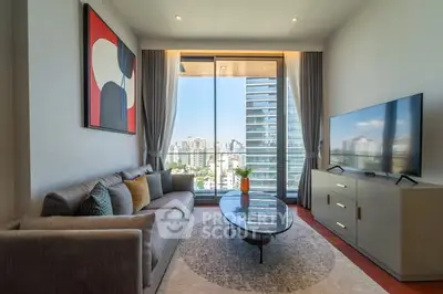 Modern living room with city view, stylish decor, and large windows.