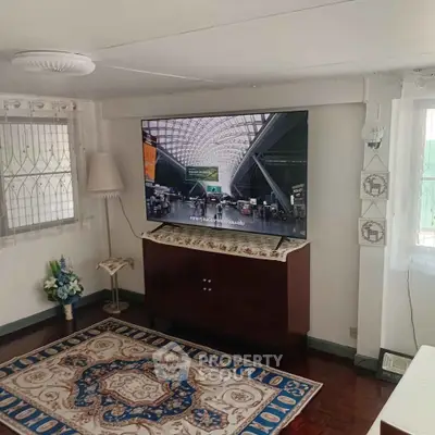Cozy living room with elegant decor and large TV, featuring intricate rug and stylish lighting.