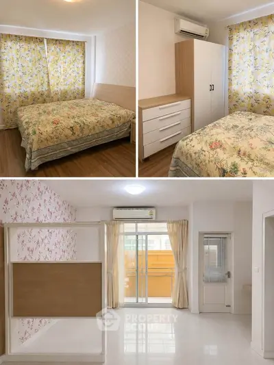 Spacious bedroom with floral decor and modern furnishings in a bright apartment.
