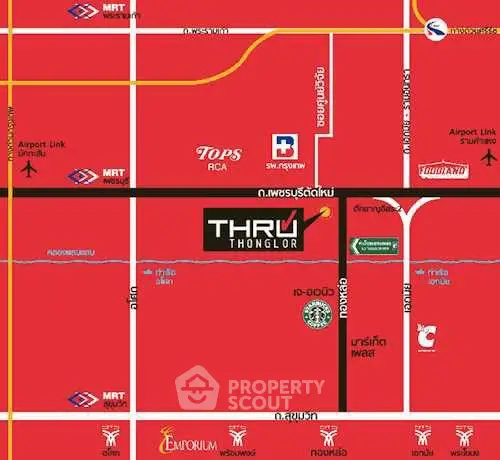 Map showing location of Thru Thonglor with nearby amenities and transport links.