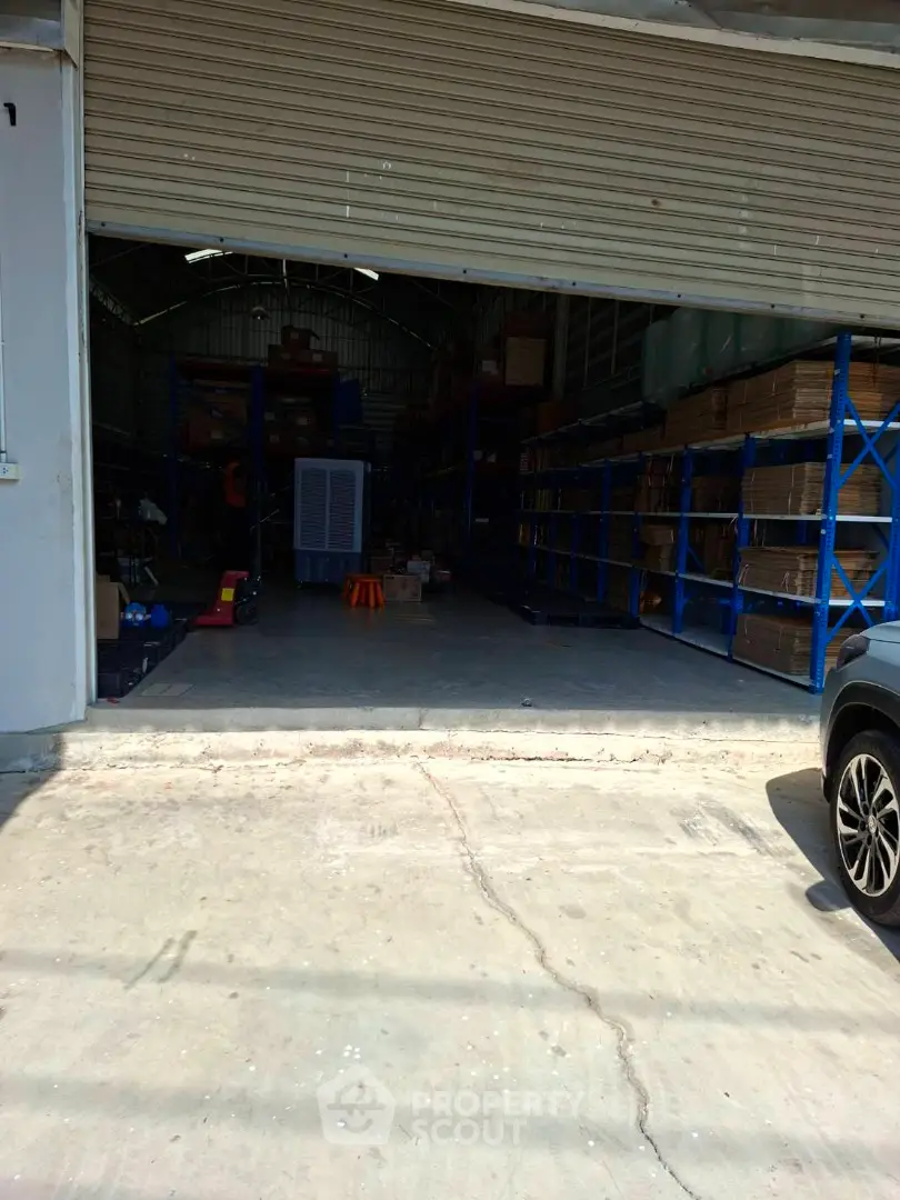 Spacious warehouse with open shutter and organized shelving, ideal for storage and logistics operations.