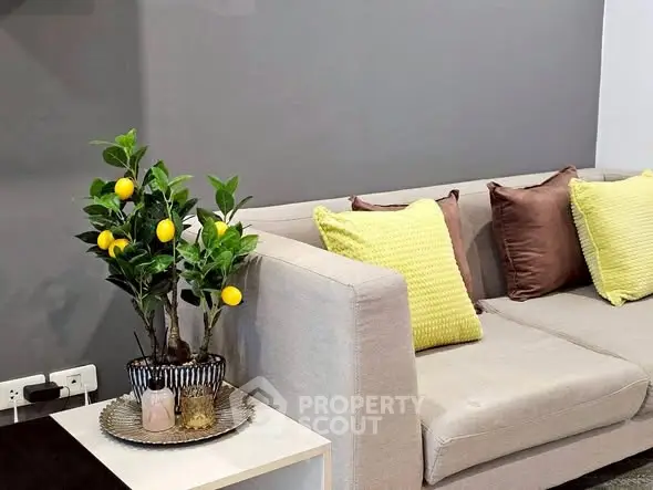 Modern living room with stylish sofa and decorative plant