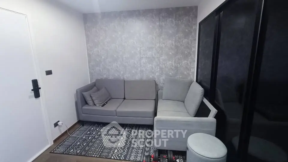 Cozy modern living room with stylish gray sofa and patterned rug