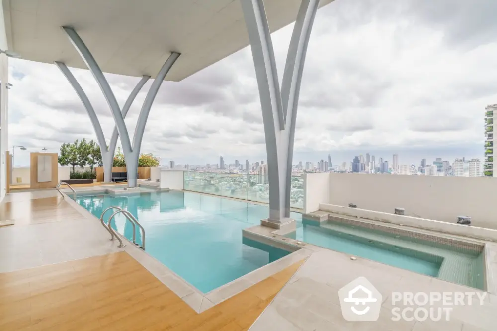 Luxurious rooftop pool with stunning city skyline views in modern high-rise building.