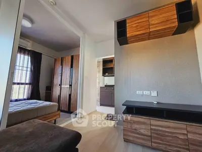 Modern apartment interior with stylish wooden furniture and natural light