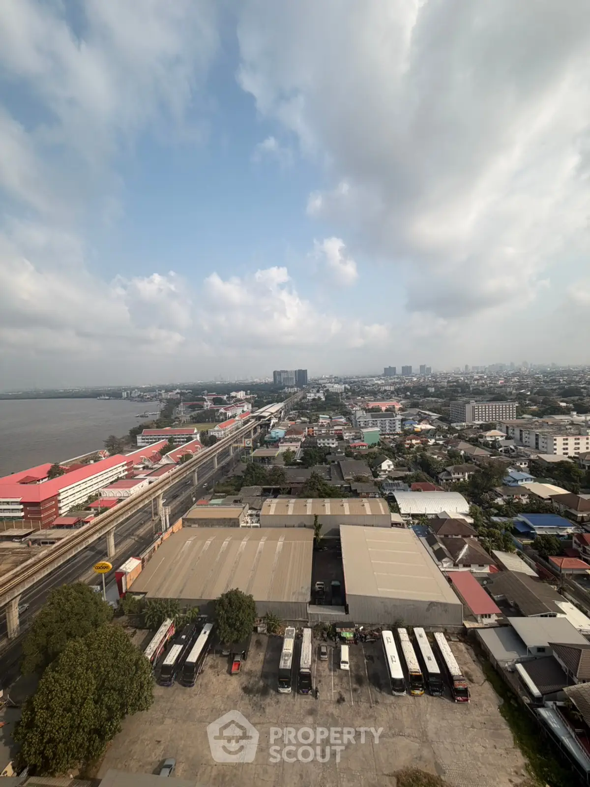 Stunning aerial view of urban landscape with river and city skyline, perfect for real estate investment.