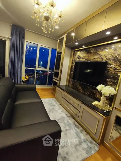 Luxurious living room with elegant decor and stunning night view