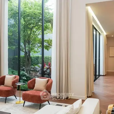 Luxurious living room with floor-to-ceiling windows and garden view