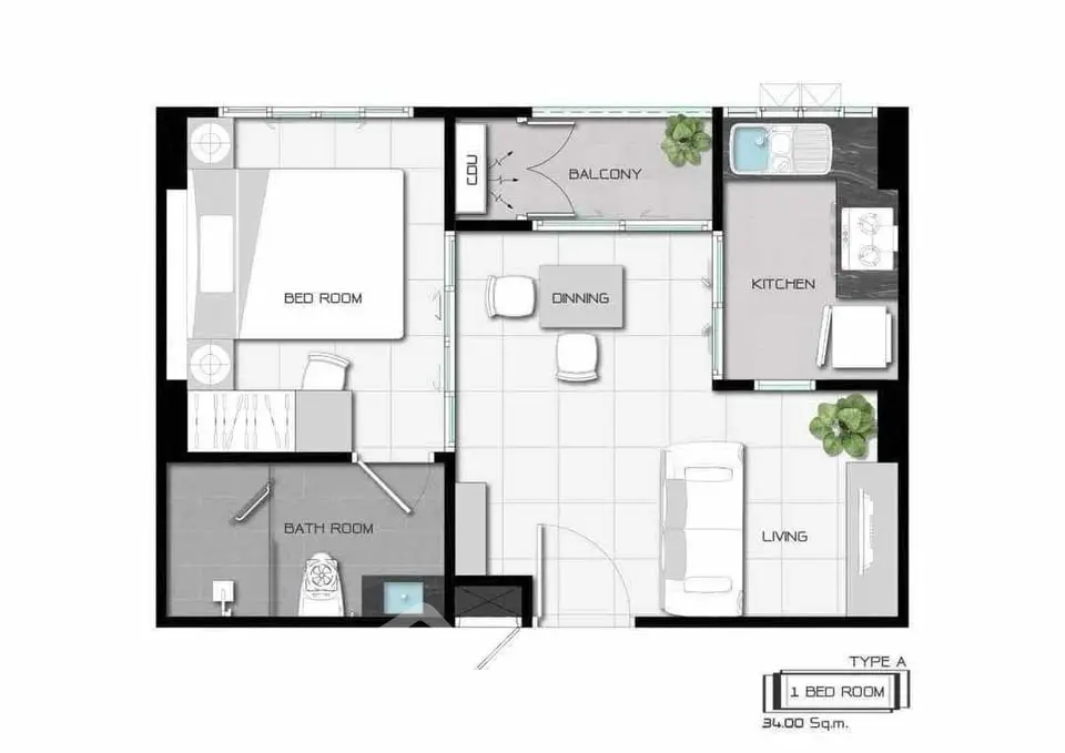 Modern 1-bedroom apartment floor plan with balcony and open kitchen layout.