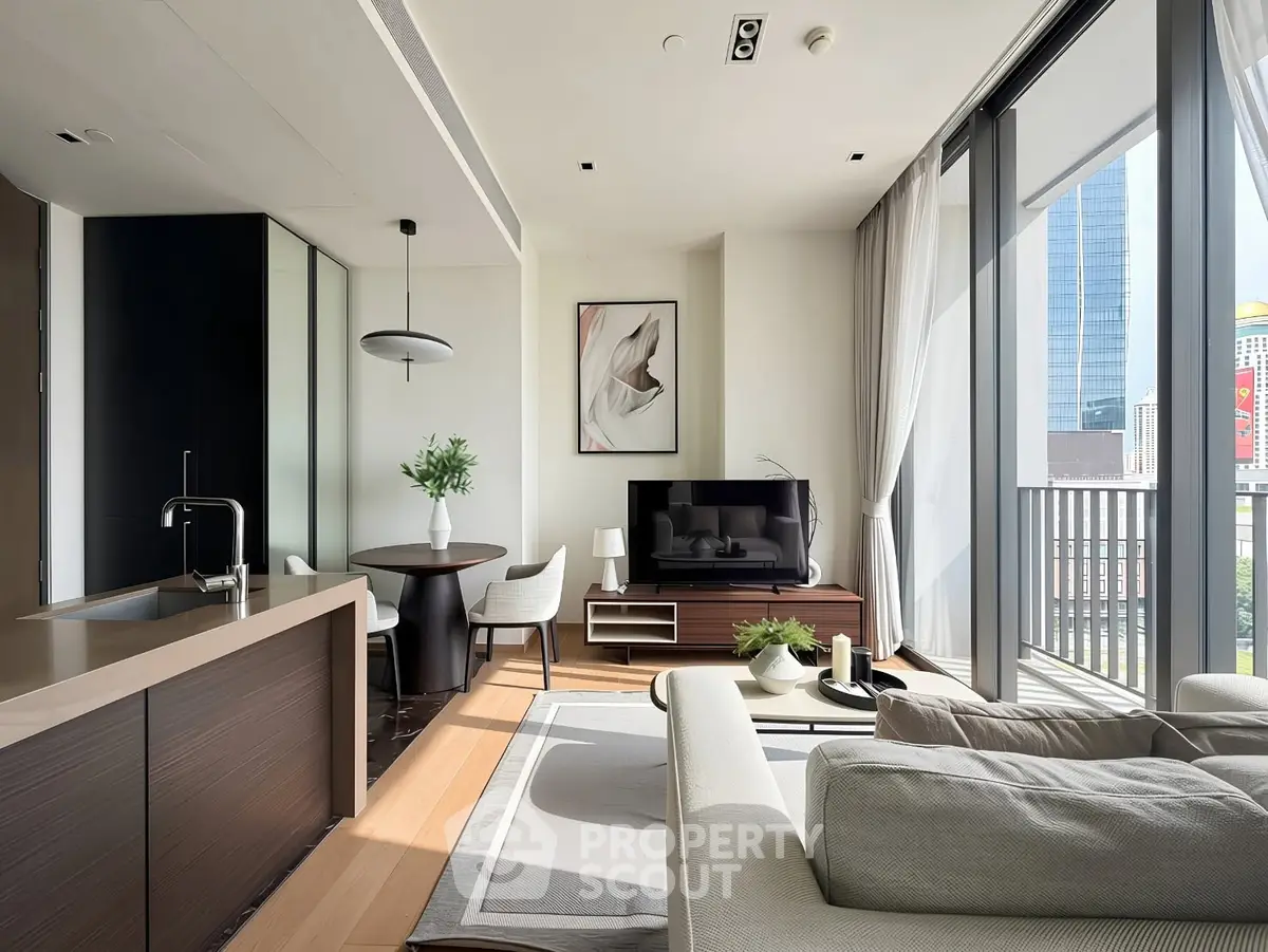 Modern living room with open kitchen and city view balcony