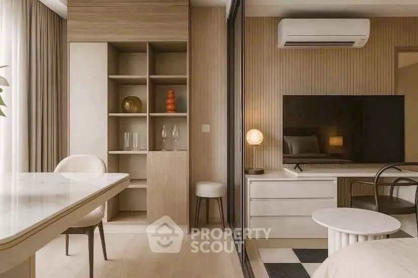 Modern living room with stylish decor and air conditioning, featuring a sleek TV setup and elegant shelving.