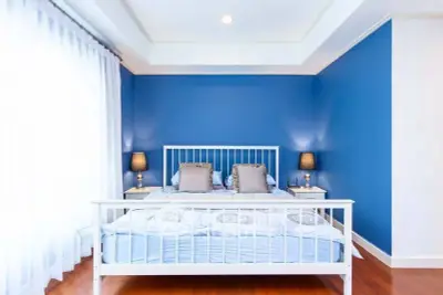 Bright and modern bedroom with blue accent wall and natural light