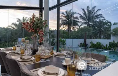 Luxurious dining area with elegant table setting and stunning garden view