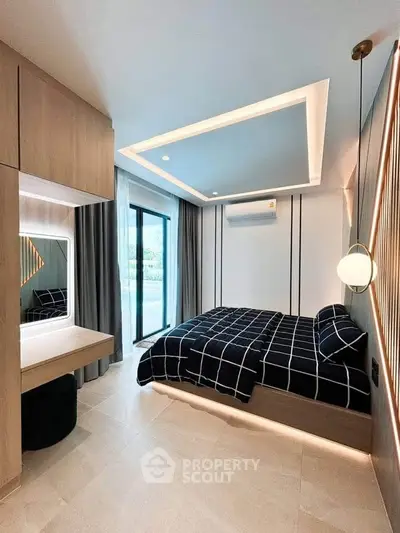 Modern bedroom with stylish lighting and large window view