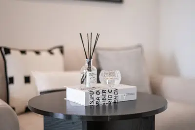 Elegant living room with modern decor and cozy seating area