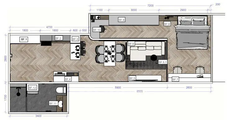 Modern apartment floor plan with spacious layout and stylish design, featuring bedroom, living area, and kitchen.