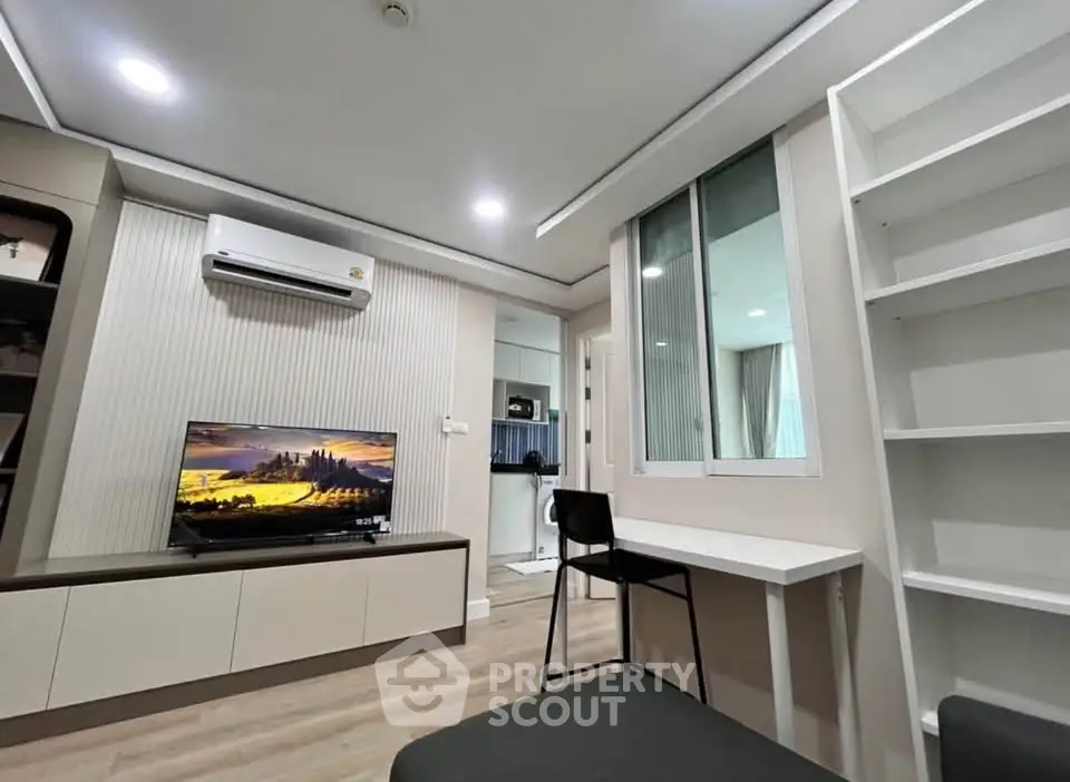 Modern living room with sleek design and built-in storage solutions