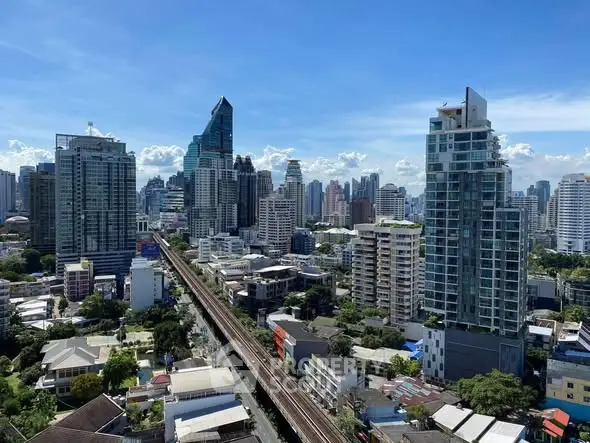 Stunning cityscape view showcasing modern skyscrapers and urban skyline under a clear blue sky.
