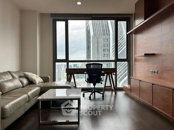 Modern living room with city view, sleek furniture, and large windows.