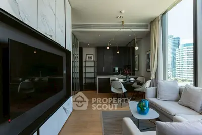 Luxurious modern living room with stunning city view and elegant decor