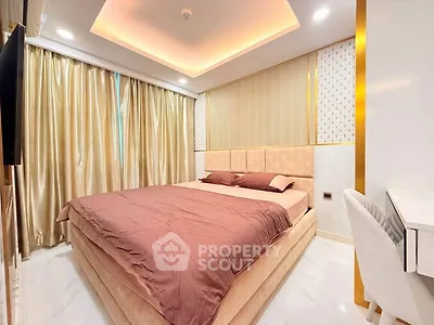 Luxurious bedroom with elegant decor and ambient lighting