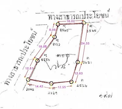 Detailed land plot map with measurements in Thai script