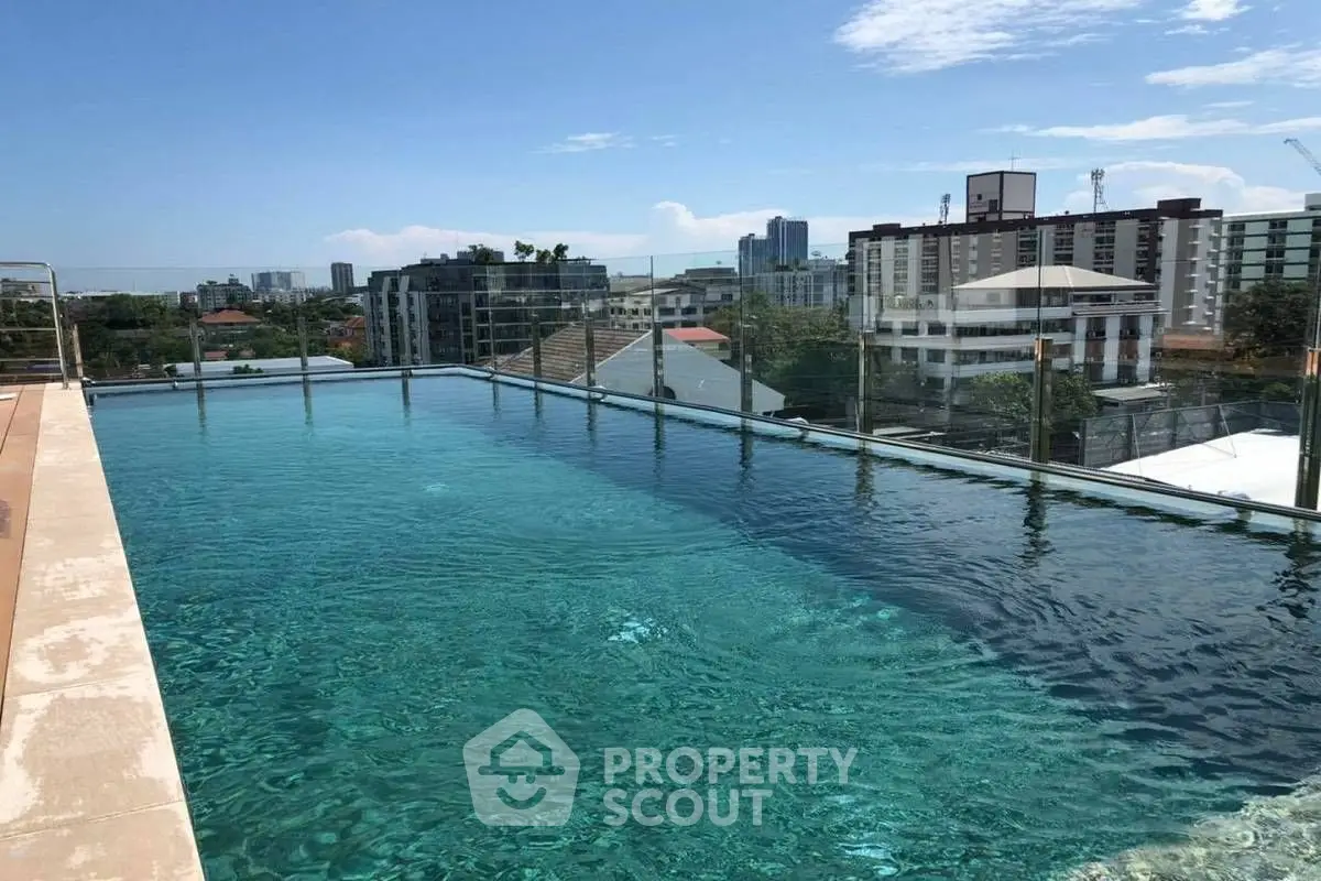 Stunning rooftop pool with city skyline views in a modern urban setting.