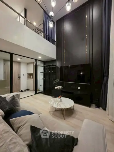Luxurious modern living room with high ceilings and elegant decor