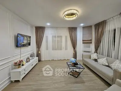 Elegant living room with modern decor and ambient lighting