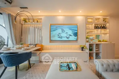 Luxurious modern living room with elegant decor and open layout, featuring stylish furniture and ambient lighting.