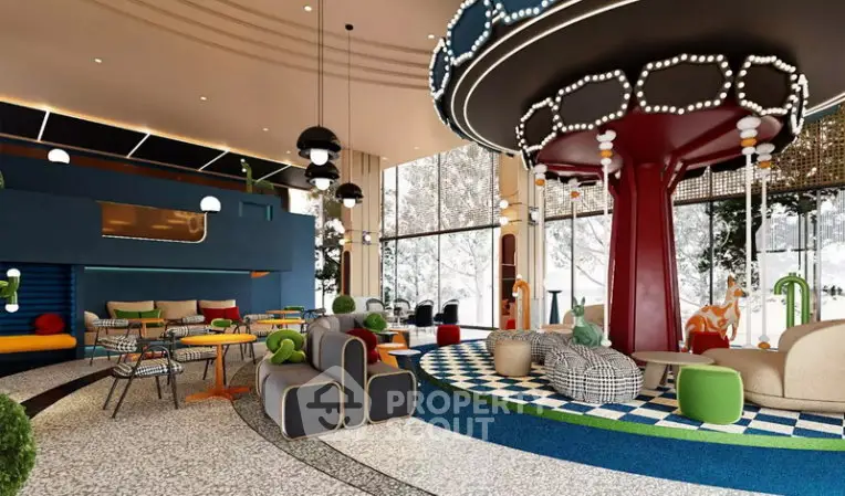 Luxurious modern lobby with unique carousel seating and vibrant decor