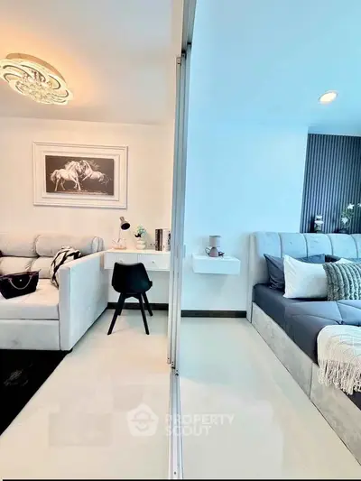 Modern living room with stylish decor and cozy seating area