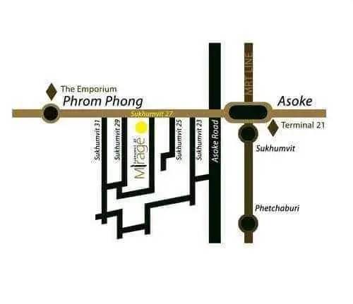 Map showing location of Mirage property near Phrom Phong and Asoke in Bangkok.