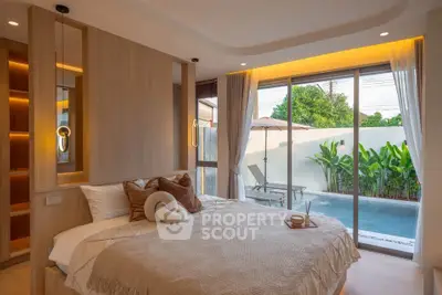 Luxurious bedroom with pool view, modern decor, and elegant lighting in a serene setting.