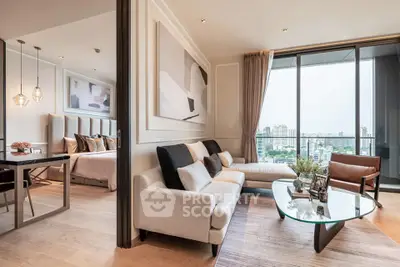Luxurious modern living room with city view, elegant decor, and spacious layout in high-rise apartment.