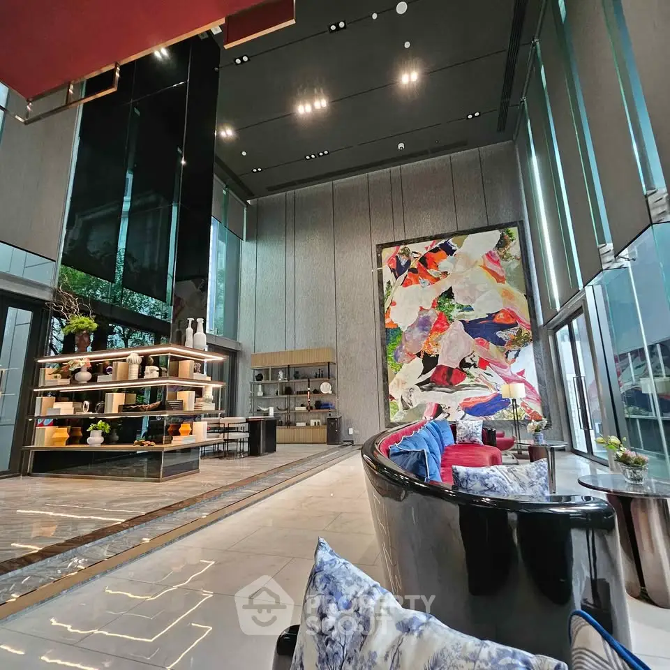 Luxurious modern living room with high ceilings and vibrant abstract art