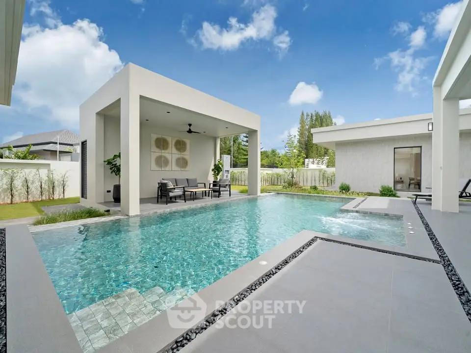Luxurious modern villa with private pool and outdoor seating area, perfect for relaxation and entertainment.