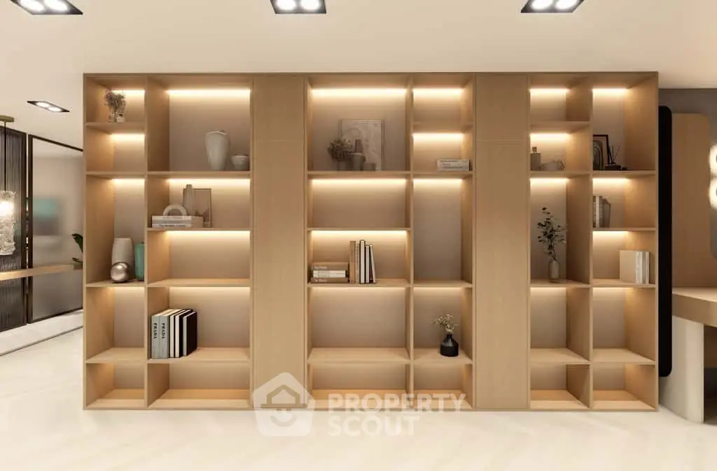 Modern built-in wooden shelves with ambient lighting in a stylish interior space.