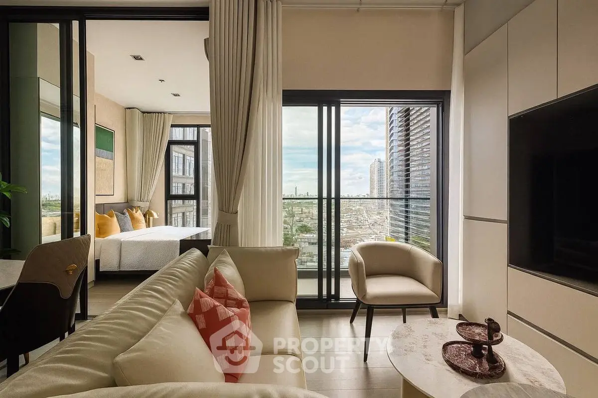 Luxurious living room with modern decor and stunning city view through large windows.