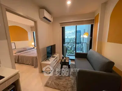 Modern apartment living room with city view and cozy bedroom